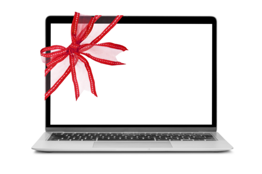 modern laptop computer with red ribbon for Christmas on a transparent background in PNG format