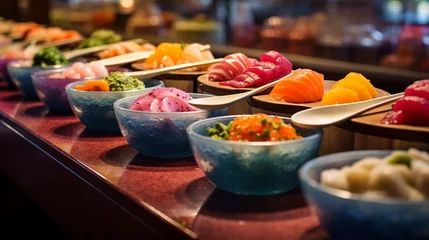 Rolgordijnen Food - Japanese Assorted Sushi and Sashimi displayed in catering area, Japanese style sushi buffet, sushi bar background. © Jasper W