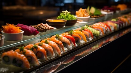 Food - Japanese Assorted Sushi and Sashimi displayed in catering area, Japanese style sushi buffet, sushi bar background.