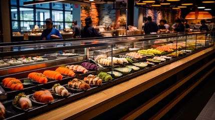 Fototapete Rund Food - Japanese Assorted Sushi and Sashimi displayed in catering area, Japanese style sushi buffet, sushi bar background. © Jasper W