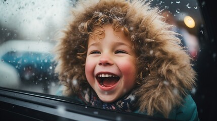 Happy little boy watching and playing with snow from an open car window on the trip of a snowy winter holiday, joyful kid have fun with snow flakes. - obrazy, fototapety, plakaty