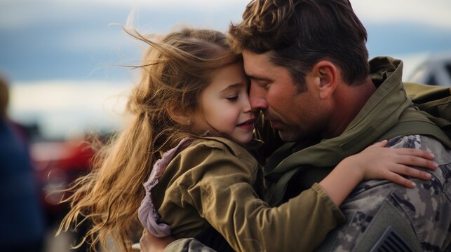 Affectionate military reunion between father and daughter