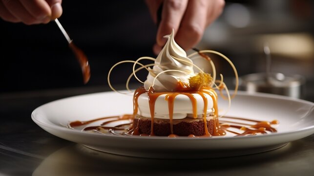 Close Up Of Refined Dessert Being Prepared By Professional Chef In High End Restaurant Or Cafe Background