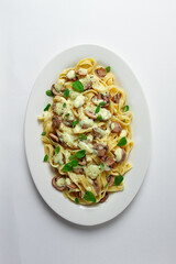 fettuccine with champignons, basil, in cream sauce, homemade, no people,