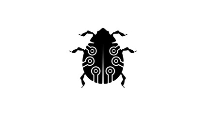 Software bug symbol, ladybug with chip ornament on wings, black isolated silhouette