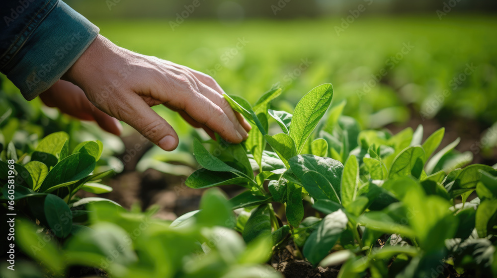 Poster farmer checks the leaves of the green plants of his fields.