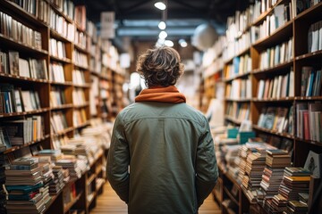 back view of a young curly man stands in a bookstore among the shelves with books - obrazy, fototapety, plakaty