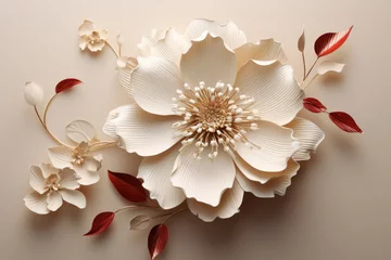 Foto op Canvas a white flower with red leaves on a beige background.   Illustration of a Ivory color flower, Perfect for Wall Art. © Jyukaruu's Studio