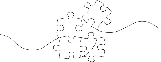 Connected puzzle pieces of one continuous line drawn. Vector illustration.