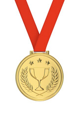 Gold medal with trophy, laurels and stars. Victory, best product, service or employee, first place concept. Png clipart isolated on transparent background