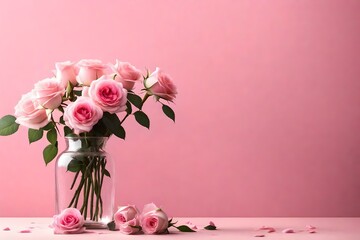 pink roses in vase - obrazy, fototapety, plakaty