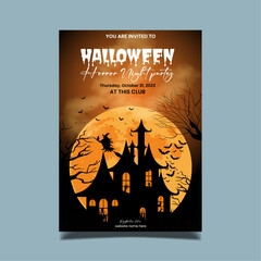 Halloween vertical background with pumpkin, haunted house and full moon. Flyer or invitation template for Halloween party. Vector illustration.