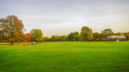 Fototapeta na wymiar Mannheim, Germany. Playground for children and families. Panoramic view over Luisen city park at sunset golden Autumn colors. Cityscape in the historical downtown at sunny day and milky blue sky.