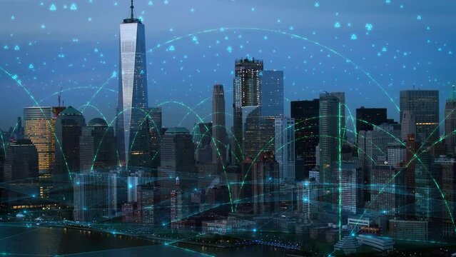 Connected Smart City with Networks and Grids. Aerial view of Manhattan New York City with several Augmented Reality Elements. IOT, AR, VR. Arches and Networks. Shot From Helicopter In 8K.