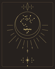 Magic astrology poster with constellation sagittarius, tarot card. Golden design on a black background. Vertical illustration, vector