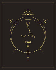 Magic astrology poster with Pisces constellation, tarot card. Golden design on a black background. Vertical illustration, vector