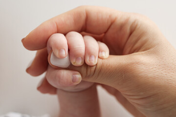 Parents' hands hold the fingers of a newborn baby. The hand of a mother and father close-up holds the fist of a newborn baby. Family health and medical care. Professional photo on white background - obrazy, fototapety, plakaty
