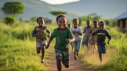 Foto op Canvas Group of running joyful African children © MP Studio