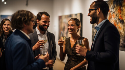 Group of people with glasses stand during an exhibition at the gallery