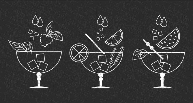 Set of white grunge drawings of refreshing cocktails with ice cubes, straws and umbrellas on a dark background. Drink icons, cafe menu, vector