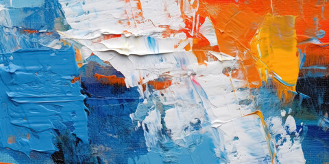 Fototapeta premium Dynamic Color Palette - Closeup of Abstract Rough, Multicolored Art Painting Texture with Oil Brushstroke and Palette Knife on Overlapping Paper Layers, Featuring Blue, Orange, and Complementary Color