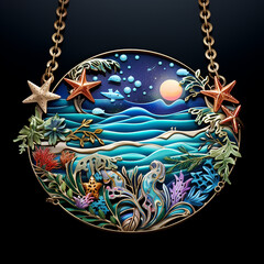 cloisonne different necklace sea background created with Generative Ai