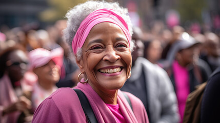 Close up portrait of female activist standing in a crowd of women during demonstration for women's rights