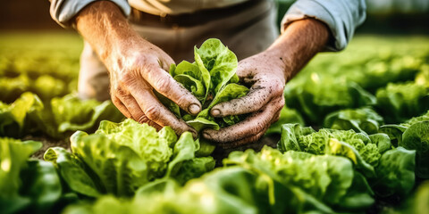 Agriculture Vegetables Harvest Background - Close-up of Farmer's Hands Harvesting Lettuce Salad in the Field - obrazy, fototapety, plakaty