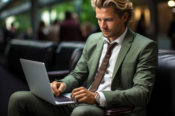 Engrossed professional in business attire making the most of pre-flight time at airport