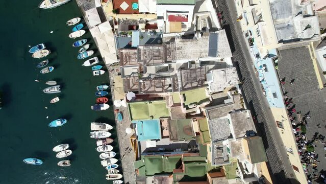 Procida - an aerial view looking vertically down over the Marina di Corricella