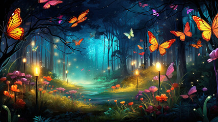 Fantasy background butterflies in a forest - Powered by Adobe