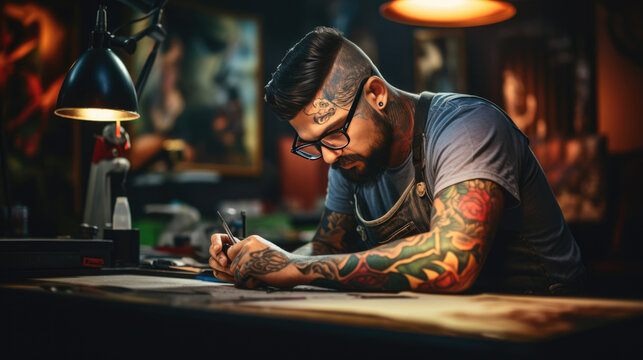 Man master in a tattoo parlor makes a sketch of a future tattoo