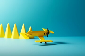 Distinctive leader, yellow airplane, altering course, blue background. Generative AI - obrazy, fototapety, plakaty