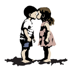 little boy and girl kissing