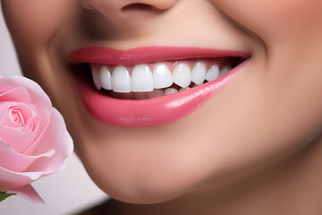 Cropped photo of woman mouth with perfect white bright smile and healthy teeth