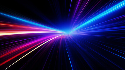Neon colored lines, purple and blue moving strokes or lasers to the middle on black background - obrazy, fototapety, plakaty