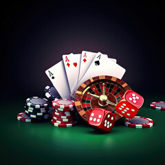 Obraz premium Stack of chips and two aces on the table on the green baize - poker game concept