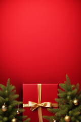 Red Christmas background with gold ribbon gift box, copy space