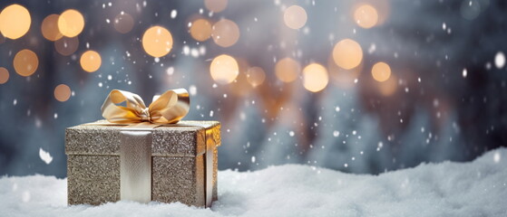 A Christmas winter and new year background - gift box with gold bow on blue defocused on the forest background of dreamy blurred bokeh effect, creating a magical and festive atmosphere. Generative ai - obrazy, fototapety, plakaty