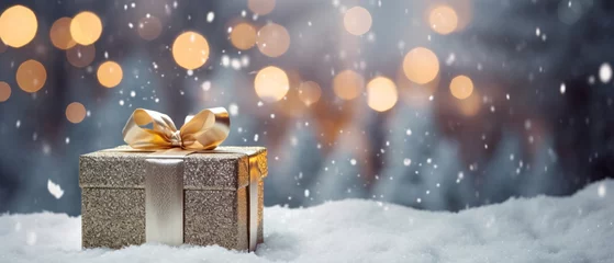 Fotobehang A Christmas winter and new year background - gift box with gold bow on blue defocused on the forest background of dreamy blurred bokeh effect, creating a magical and festive atmosphere. Generative ai © Mickael