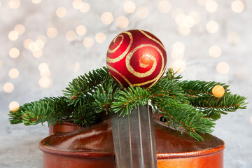 Old violin and beautiful red Christmas decoration. Christmas, New Year's concept. Top view, close-up. © Eleonora