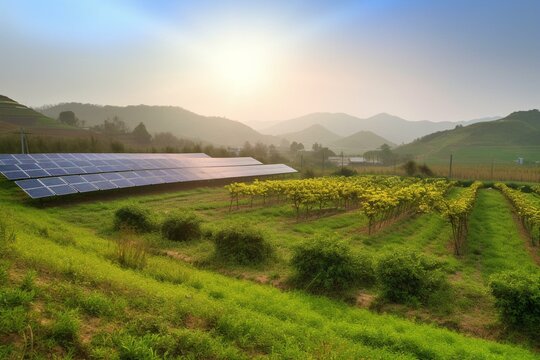 Sunlit green fields with solar panels. Generative AI