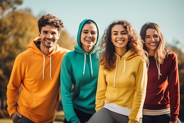 Four friends in colored hoodies look at the camera and smile