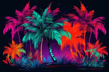 Neon tropical illustration with palm tree and exotic floral. Generative AI
