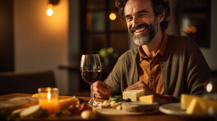 Man tastes an assortment of cheeses with wine at a restaurant