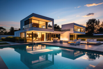 Obraz premium Minimalist cubic house exterior with swimming pool, modern country house, seaside holiday in modern villa, sunset view