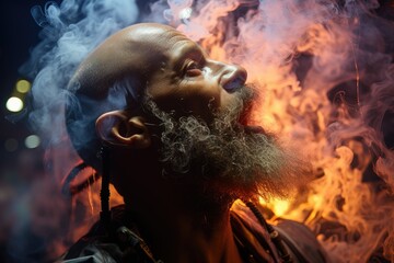 Man exhales smoke through his nostrils - obrazy, fototapety, plakaty