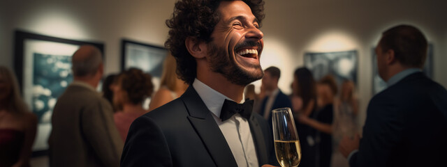 Man stands with a glass of champagne during an exhibition at the gallery - obrazy, fototapety, plakaty