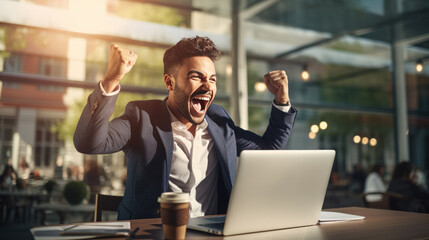 Businessman in the office joyfully raises his hands up celebrating victory and success in his work - obrazy, fototapety, plakaty