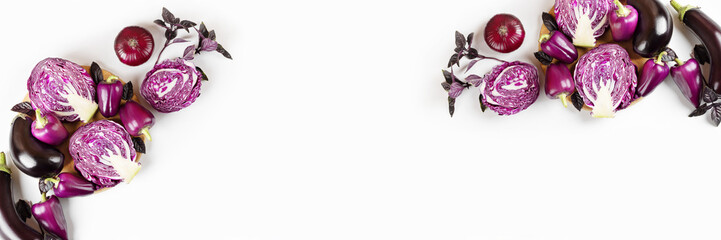 Fototapeta premium Banner of fresh vegetables eggplants, cabbage, pepper, onion and basil leaves of on gray background. Creative food concept. Flat lay, top view.